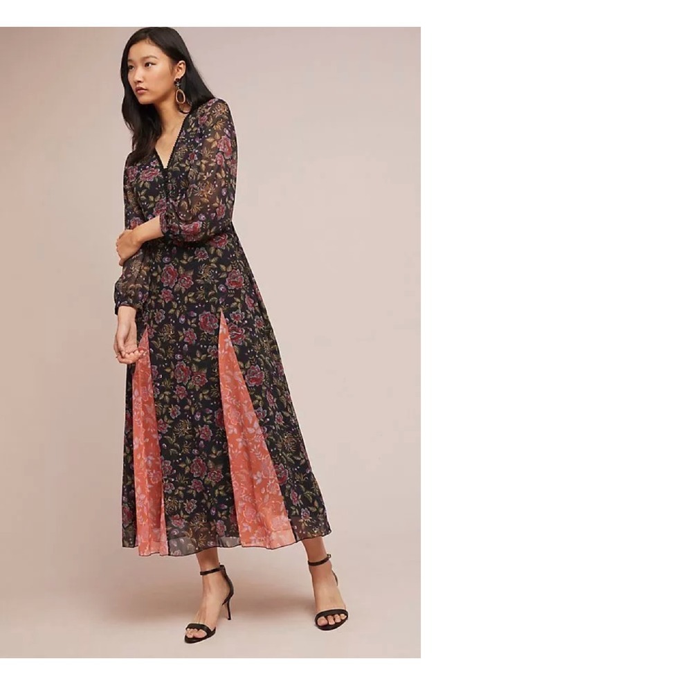 Laia‎ Anthropologie Floral Maxi Dress Long Sleeve Sheer Party Dress Black Size S